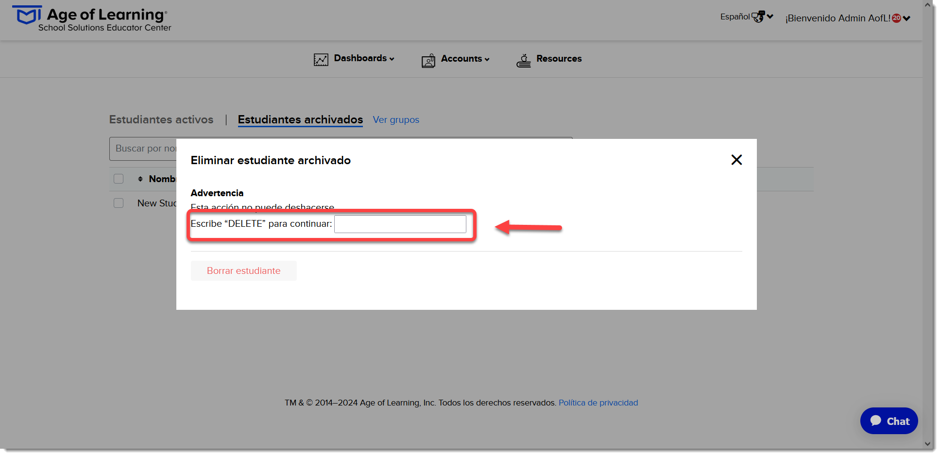 Eliminar estudiante archivado DELETE.png