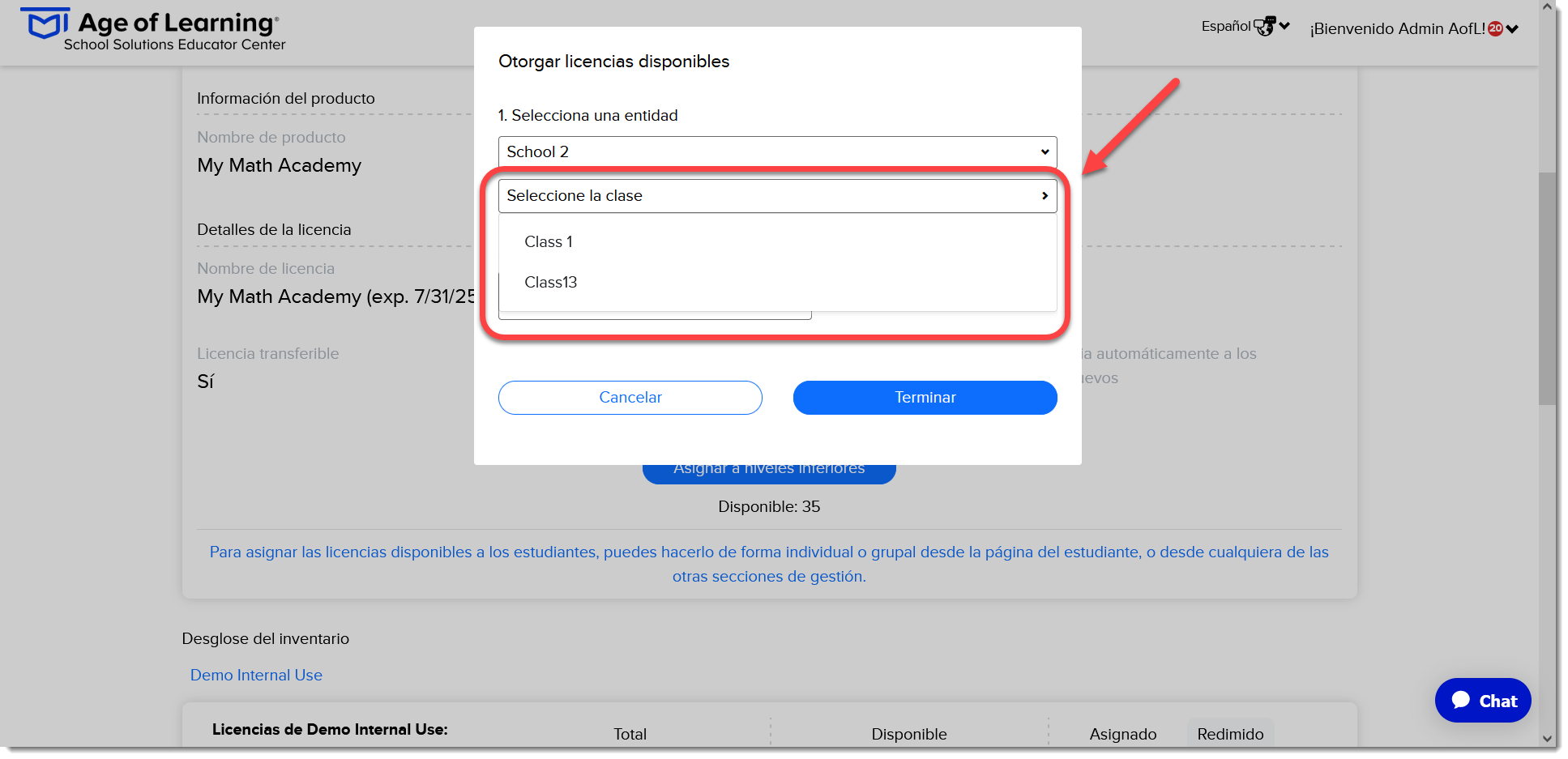 Seleccione la clase - Otorgar licencias disponibles - Licencias (Spanish).png