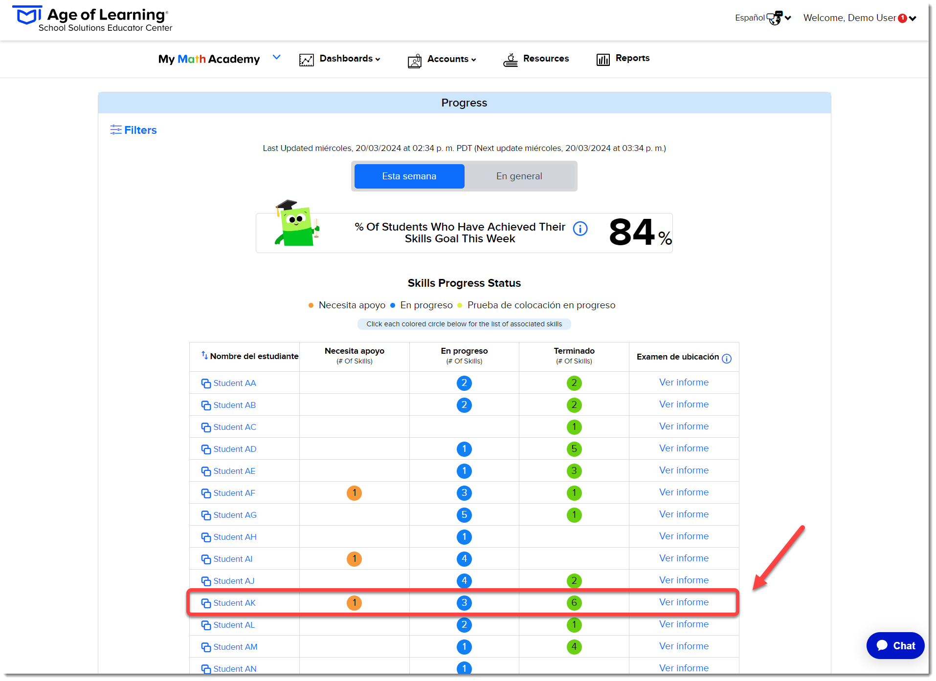Select Student Name -Progress - Dashboard - All students (Spanish).png